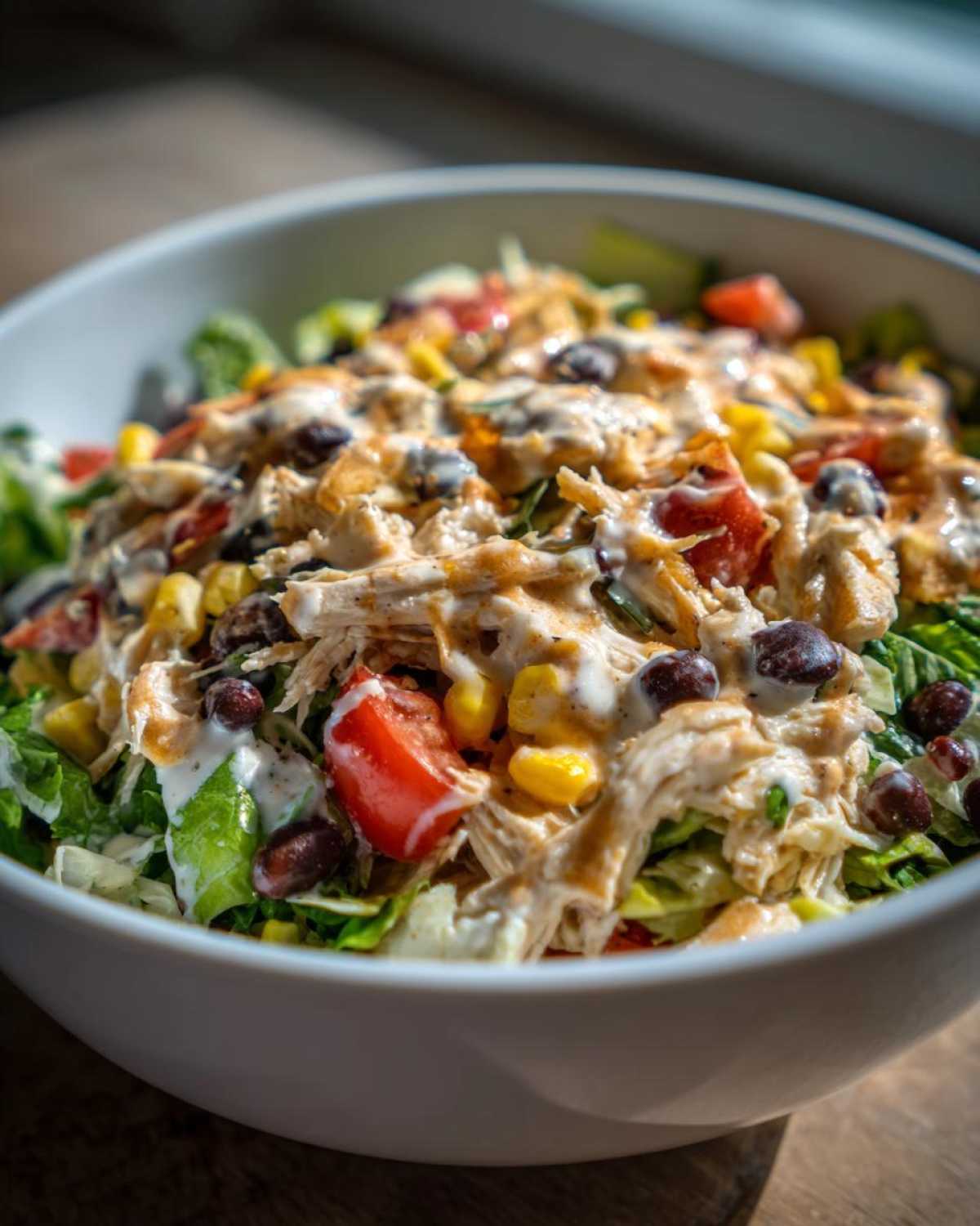 A close-up of a hearty southwest salad in a white bowl, topped with shredded chicken, black beans, corn, tomatoes, and creamy dressing.