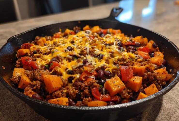 Close-up of a hearty sweet potato skillet dinner with ground meat, black beans, and melted cheddar cheese in a black cast iron pan.