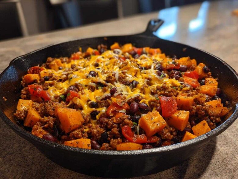 Close-up of a hearty sweet potato skillet dinner with ground meat, black beans, and melted cheddar cheese in a black cast iron pan.