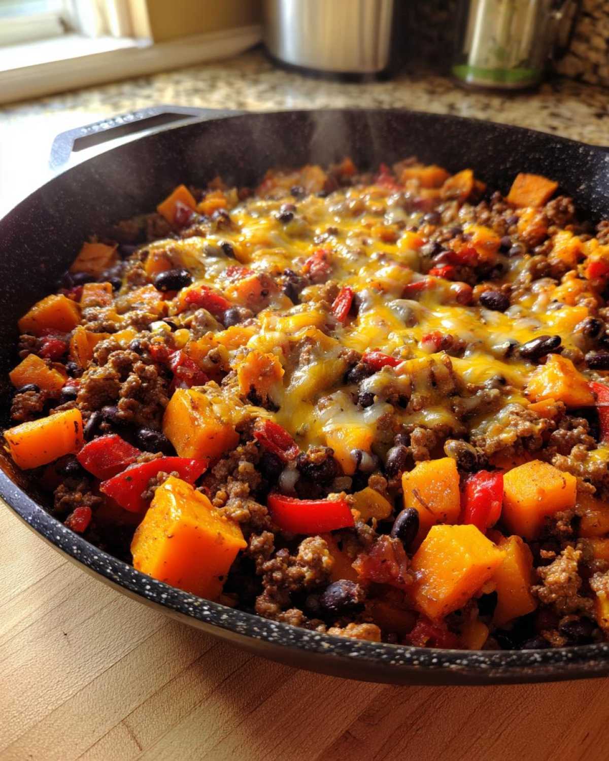 Close-up of a steaming sweet potato skillet filled with ground meat, black beans, red peppers, and topped with melted cheddar cheese.