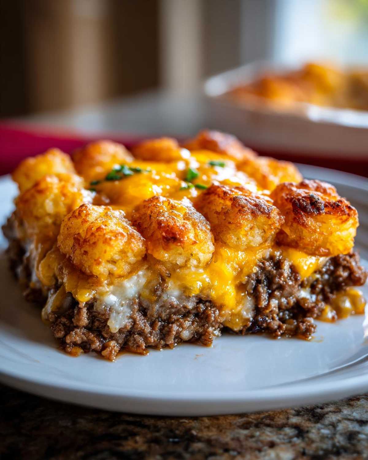 A close-up slice of amazing tater tot casserole featuring crispy tots, melted cheese, and ground beef base.