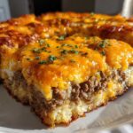 A close-up serving of tater tot casserole showing layers of crispy tater tots, seasoned ground beef, and melted cheddar cheese.
