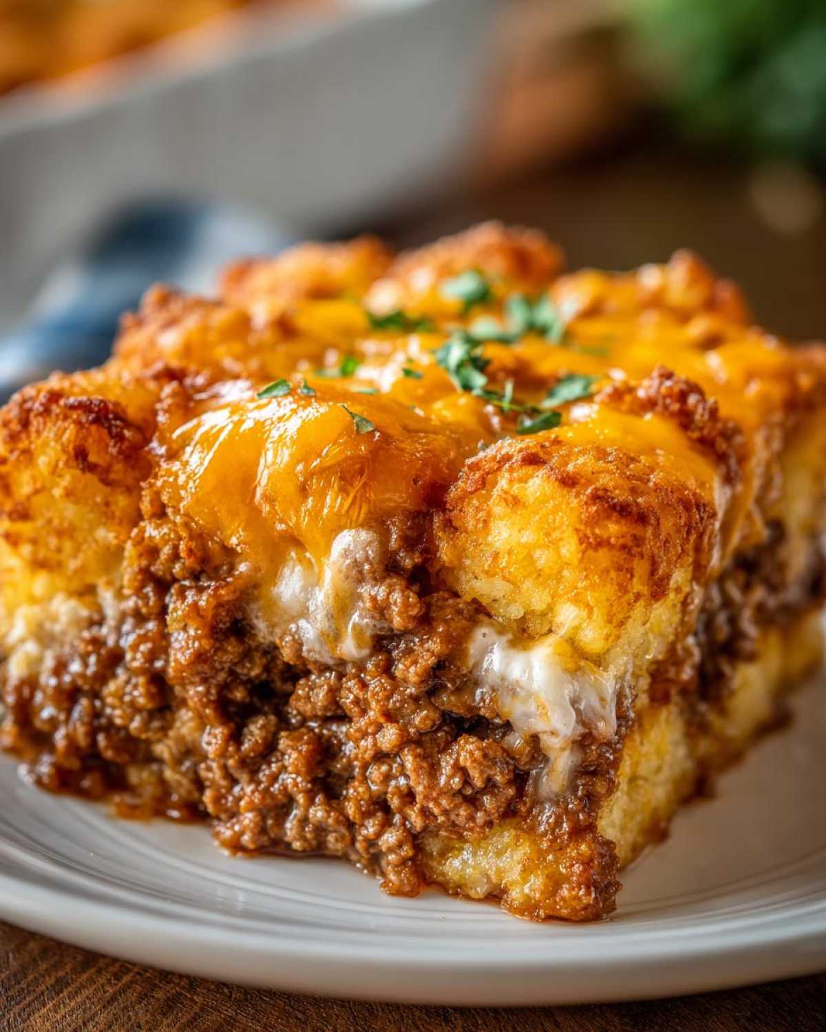 A thick slice of tater tot casserole featuring a ground beef layer, creamy sauce, and crispy tater tot topping melted with cheddar cheese.