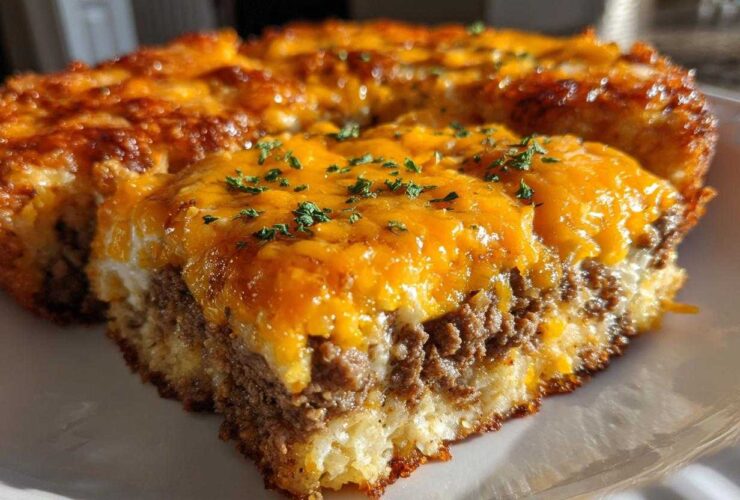 A close-up serving of tater tot casserole showing layers of crispy tater tots, seasoned ground beef, and melted cheddar cheese.
