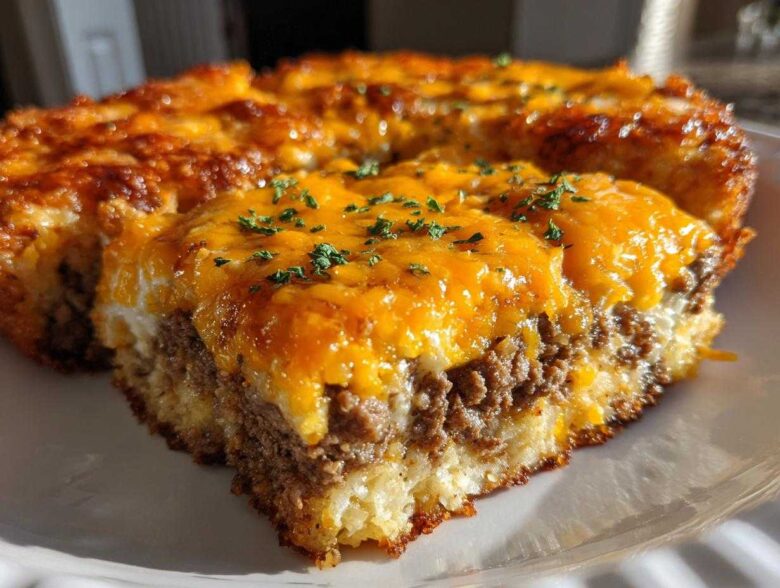 A close-up serving of tater tot casserole showing layers of crispy tater tots, seasoned ground beef, and melted cheddar cheese.