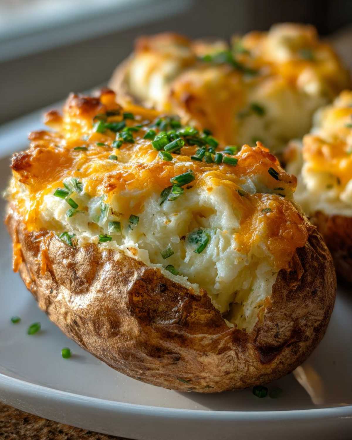 A close-up of a perfectly baked twice baked potato stuffed with creamy filling, topped with melted cheddar cheese and fresh chives.