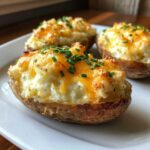 Three delicious twice baked potatoes stuffed with creamy filling, topped with melted cheddar cheese and fresh chives.