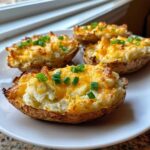 Four perfectly baked twice baked potatoes loaded with mashed potato filling, melted cheddar cheese, and topped with fresh green onions.