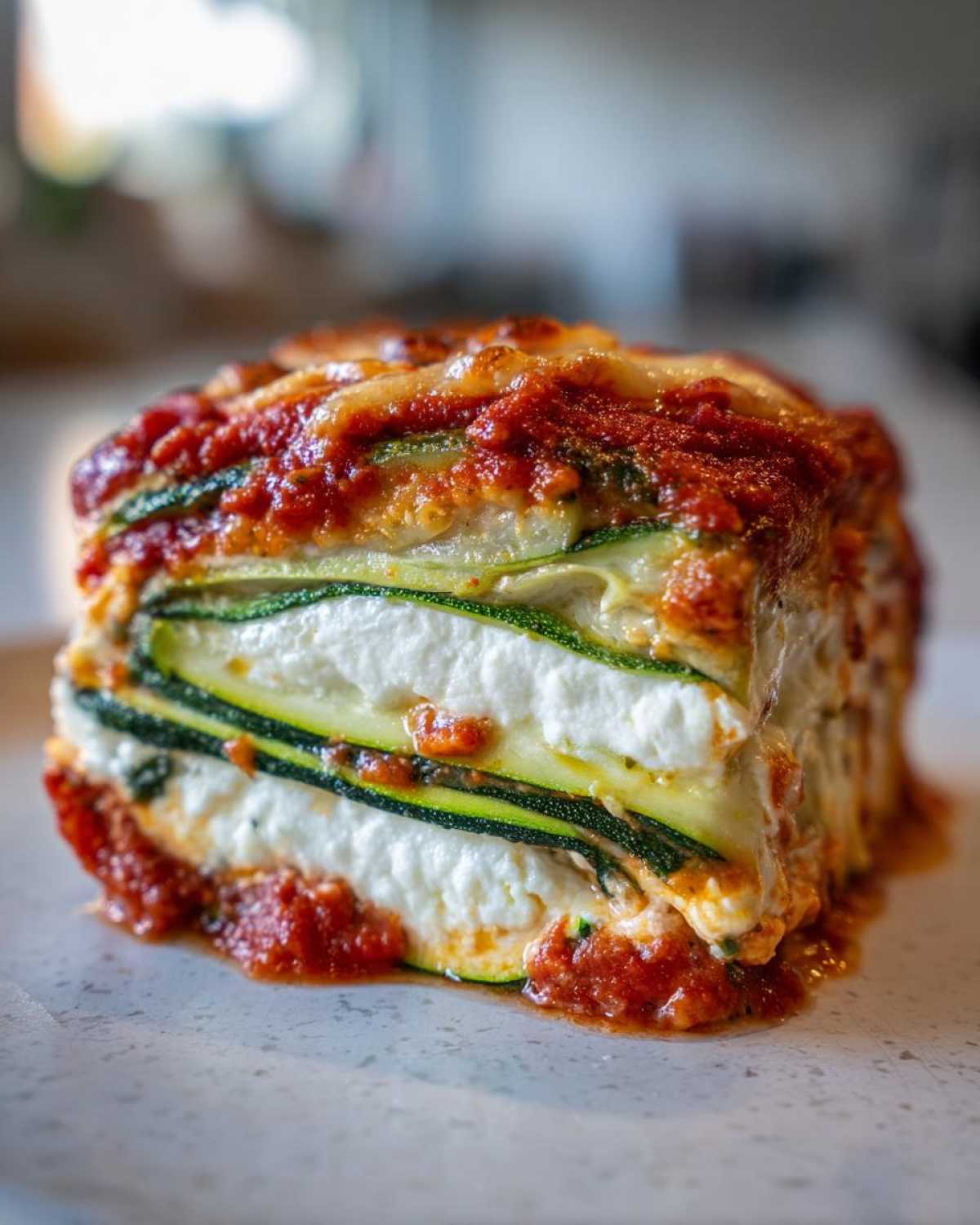 A close-up, appetizing slice of zucchini lasagna showing layers of green zucchini, white ricotta cheese, and rich tomato sauce.