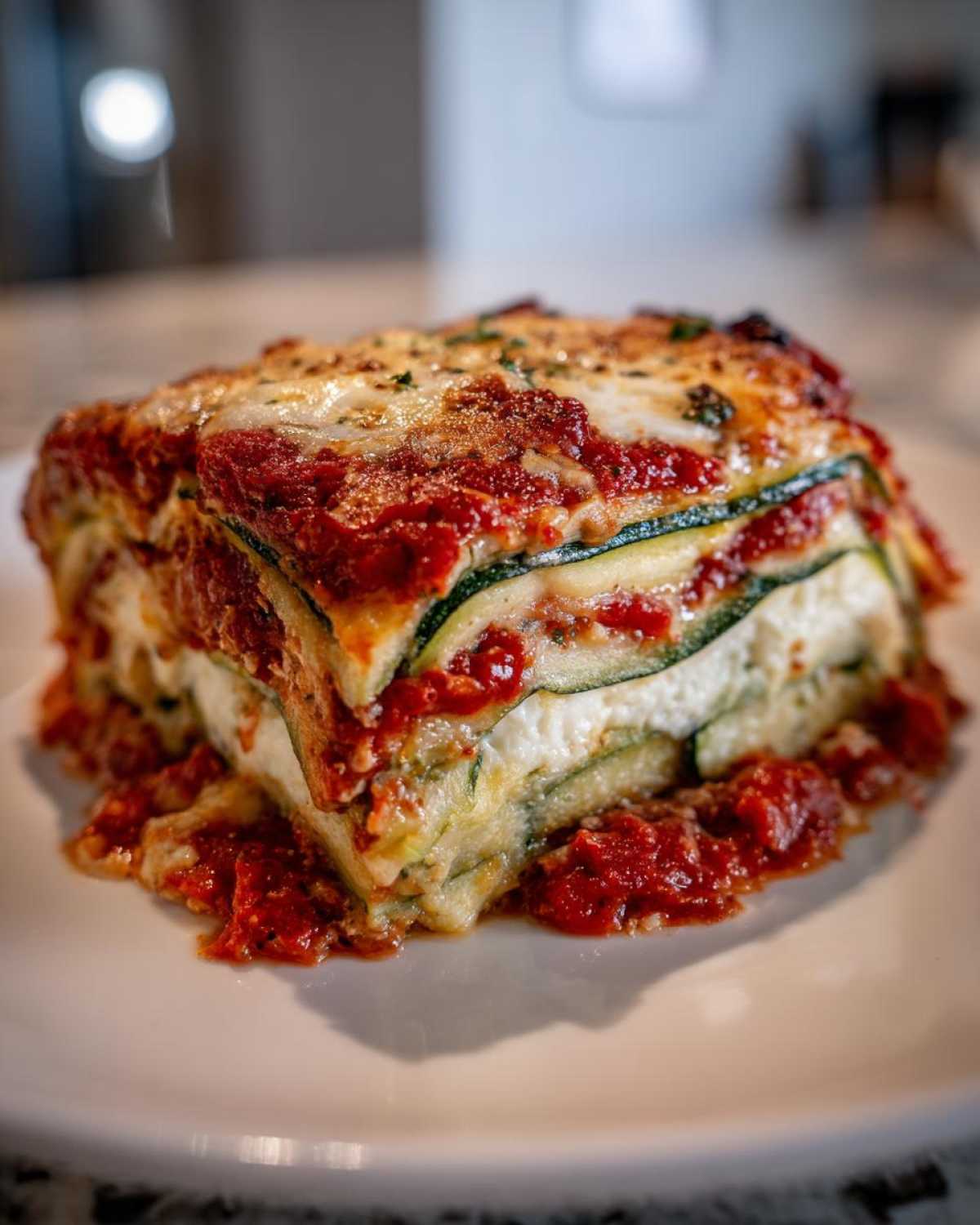 A close-up, appetizing slice of zucchini lasagna showing layers of zucchini, ricotta, and rich tomato sauce.