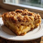 A thick slice of apple baked oatmeal with a rich, brown sugar crumb topping, served on a white plate.