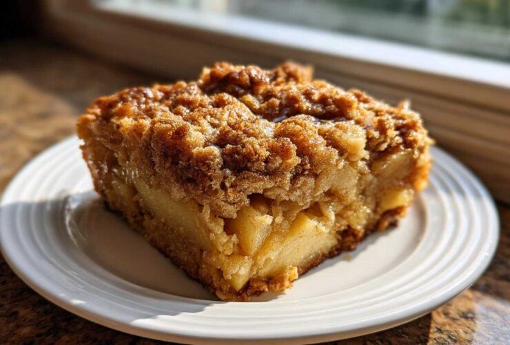 A thick slice of apple baked oatmeal with a rich, brown sugar crumb topping, served on a white plate.