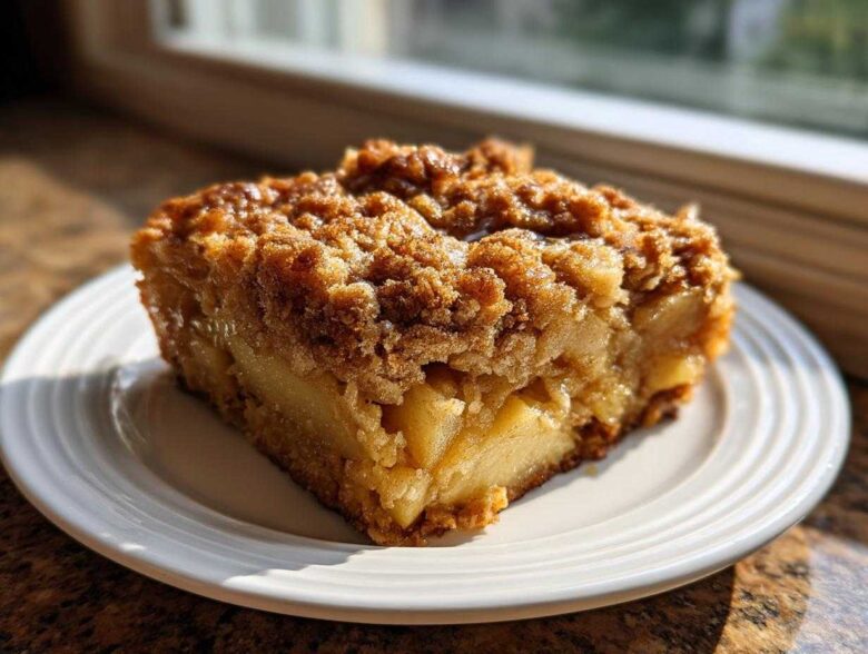 A thick slice of apple baked oatmeal with a rich, brown sugar crumb topping, served on a white plate.