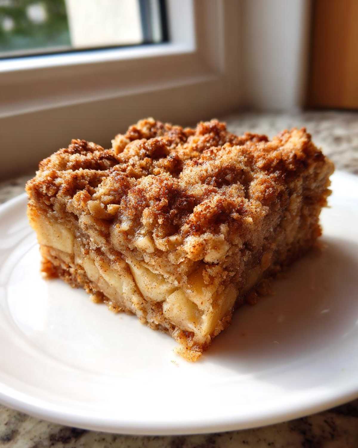 A square slice of apple baked oatmeal with a thick, cinnamon streusel topping, served on a white plate.