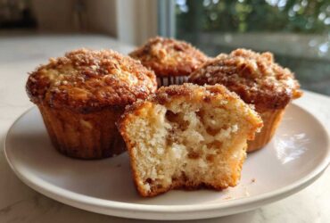 Four Apple Cinnamon Greek Yogurt Muffins on a white plate, one cut open showing the moist interior.