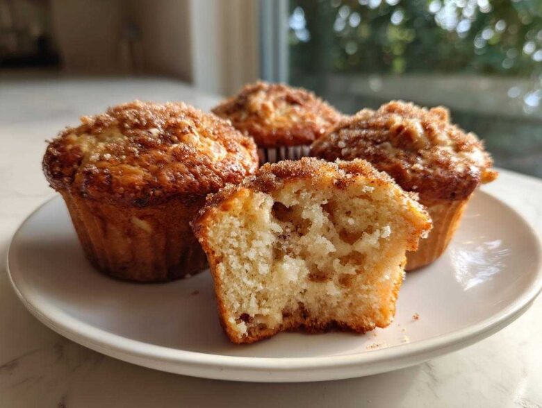 Four Apple Cinnamon Greek Yogurt Muffins on a white plate, one cut open showing the moist interior.