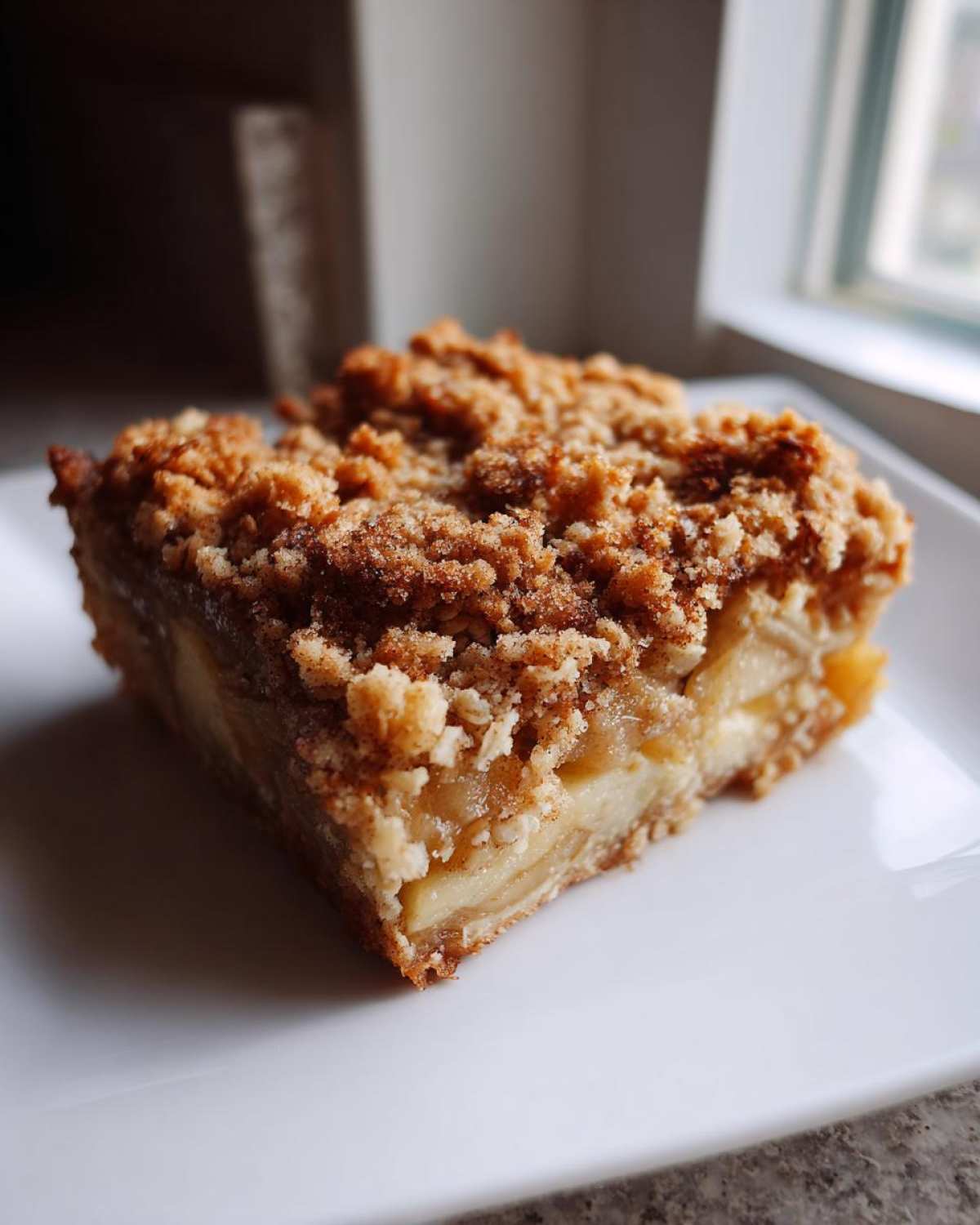 Close-up of a square slice of apple baked oatmeal with a thick, cinnamon crumb topping.