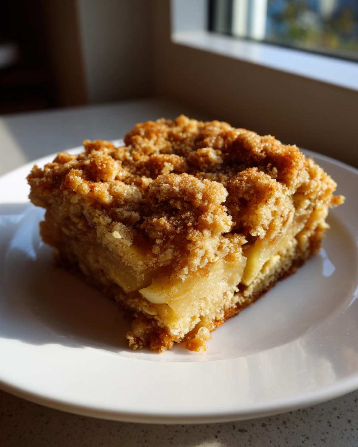 A square slice of apple baked oatmeal with a thick, golden brown streusel topping, served on a white plate.