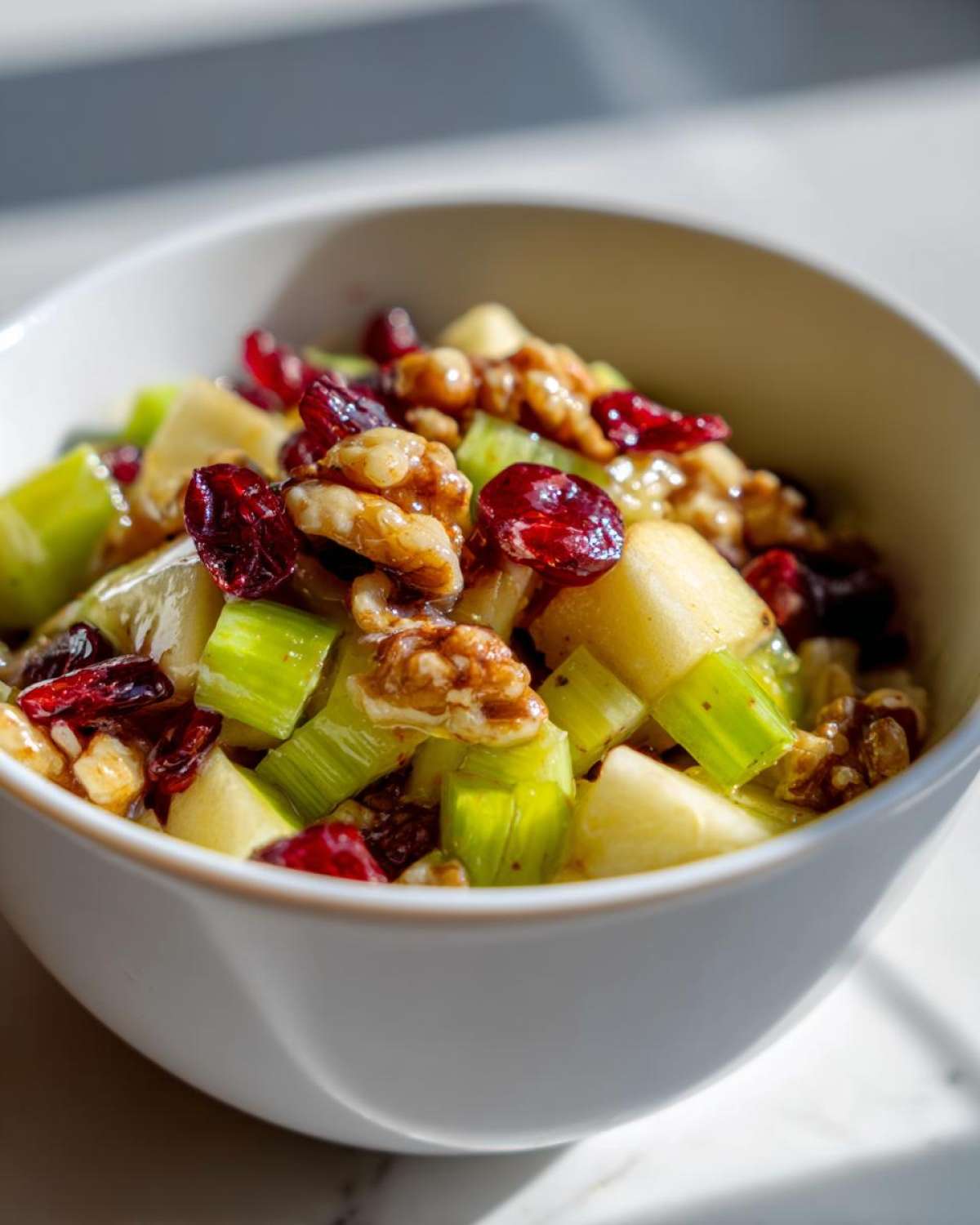Close-up of a white bowl filled with apple salad featuring celery, walnuts, and dried cranberries.