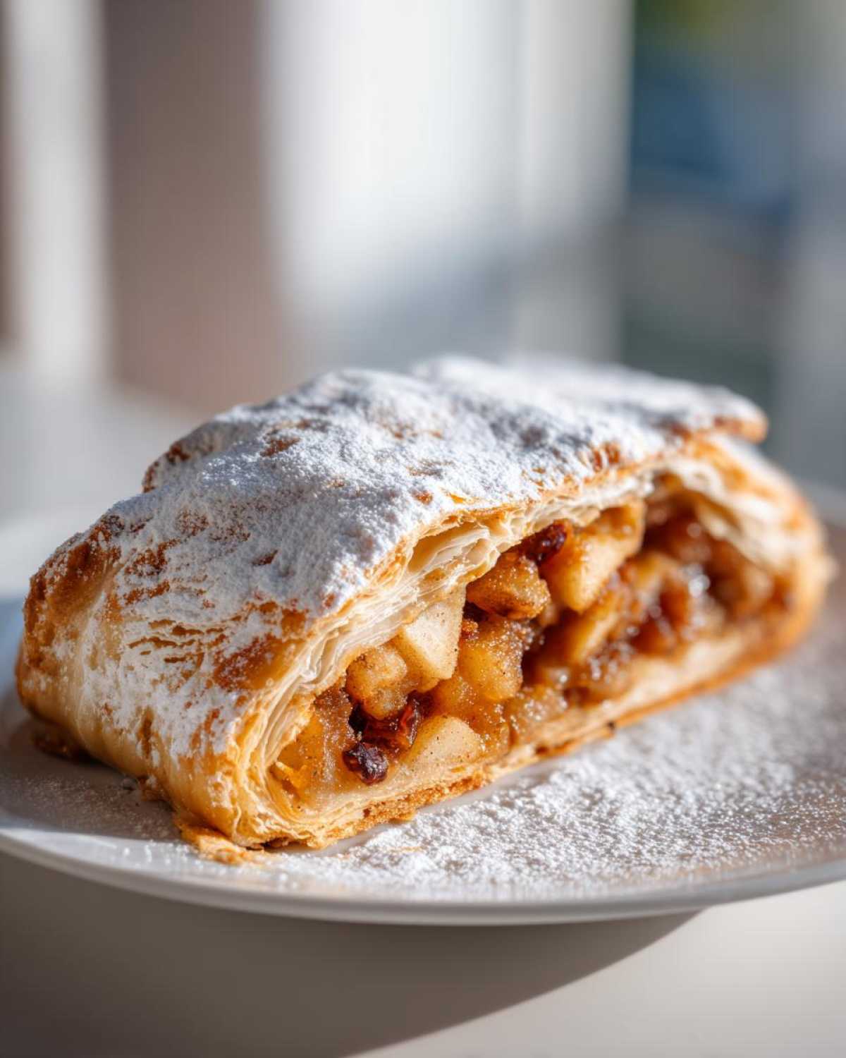 Close-up of a flaky slice of apple strudel filled with spiced apples and raisins, topped generously with powdered sugar.