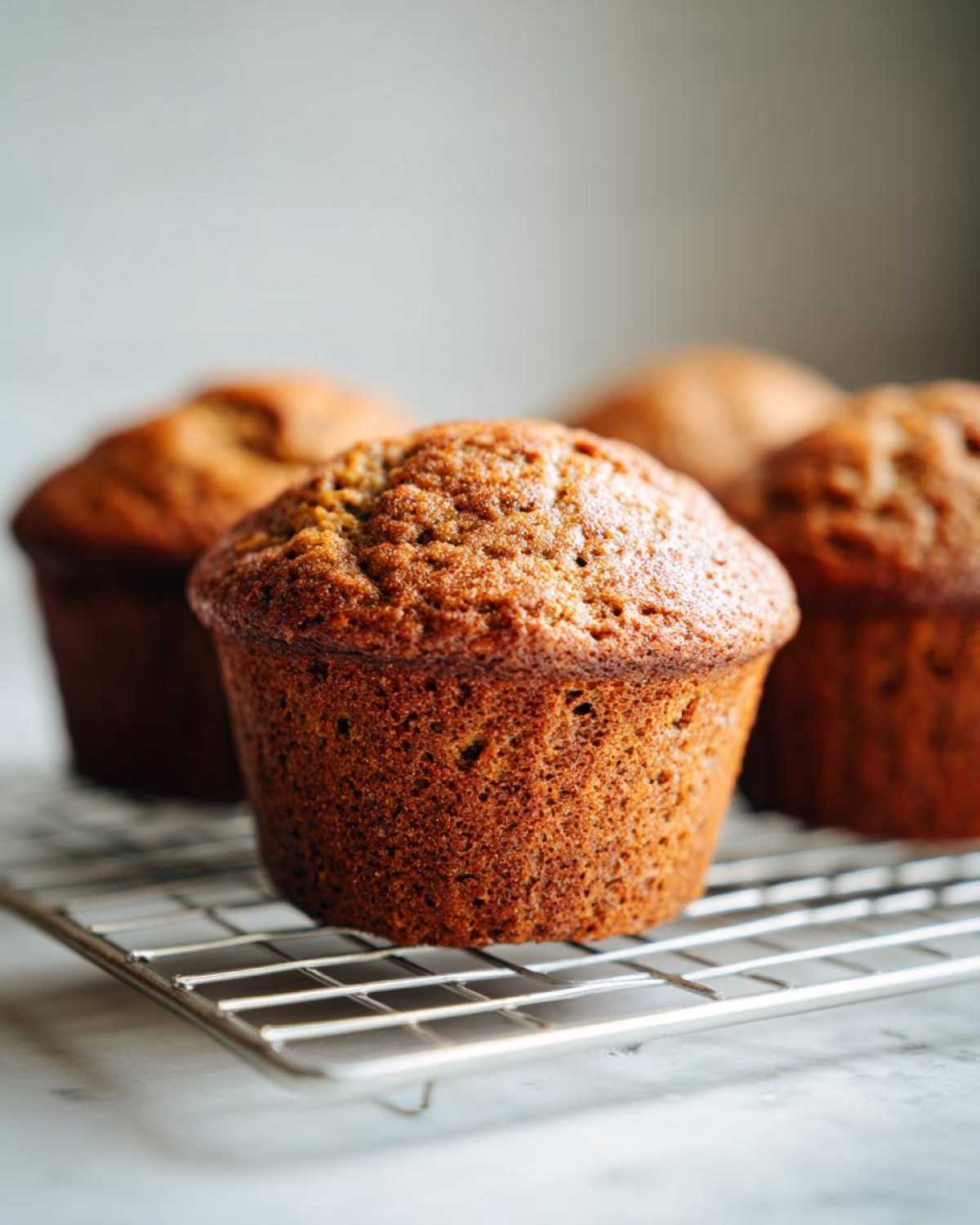Close-up of golden brown applesauce muffins cooling on a wire rack.
