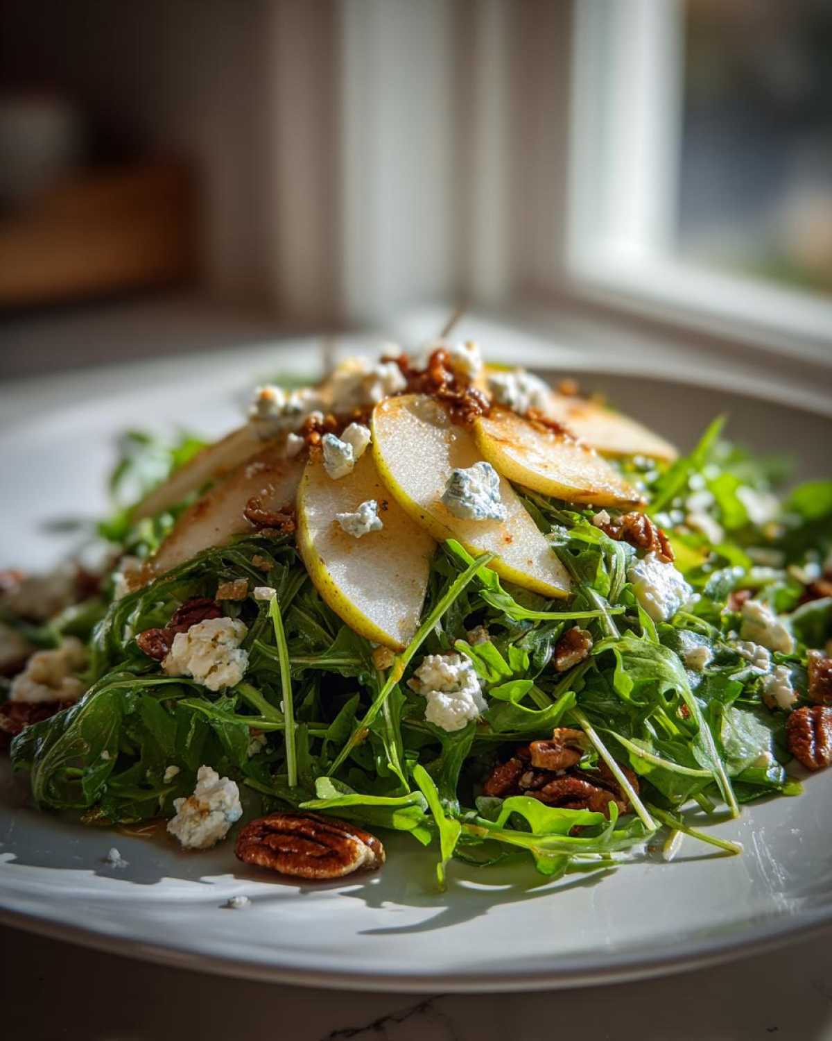 A vibrant, close-up shot of a fresh pear salad featuring arugula, sliced pears, pecans, and crumbled blue cheese on a white plate.