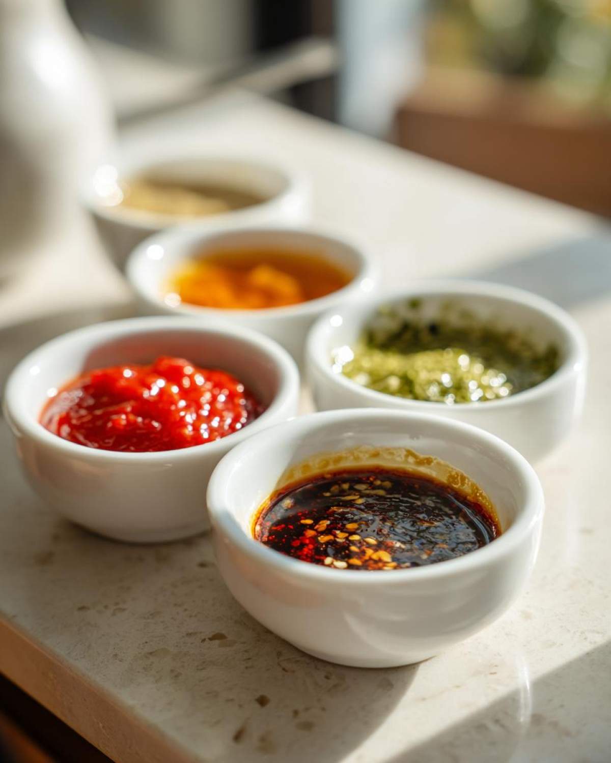 Five small white bowls containing various types of Dumpling Sauce, including chili oil and green pesto.