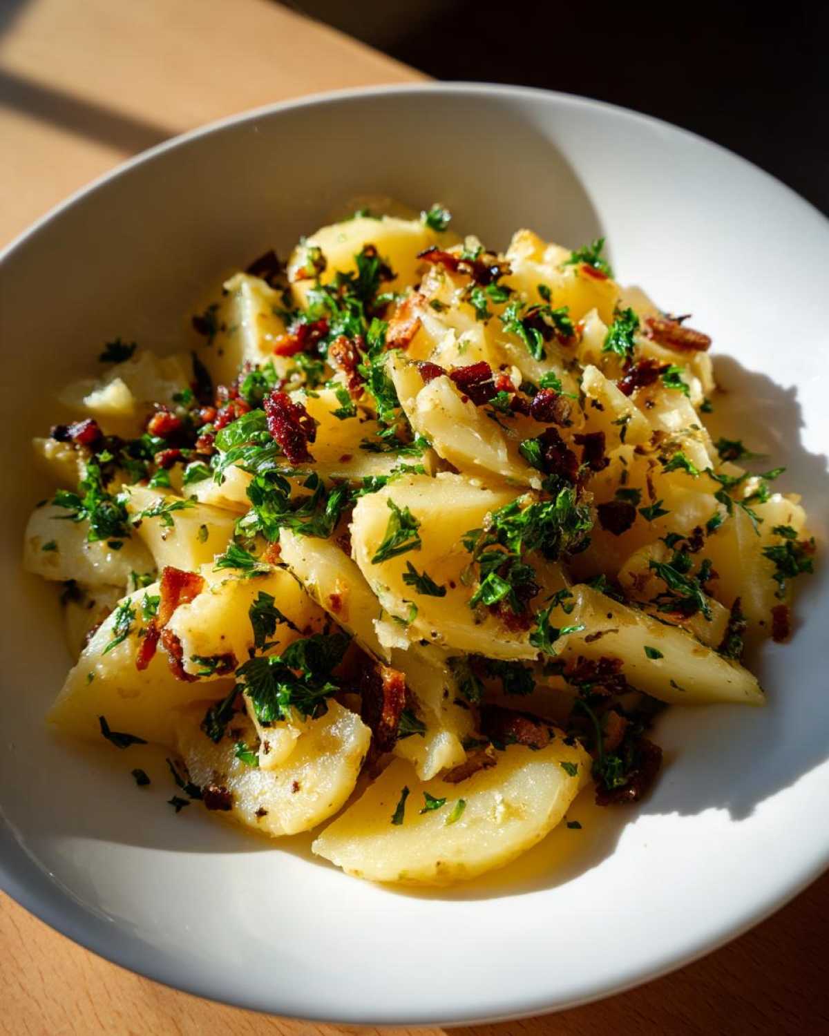 Close-up of warm Authentic German Potato Salad featuring sliced potatoes, crispy bacon bits, and fresh parsley in a white bowl.