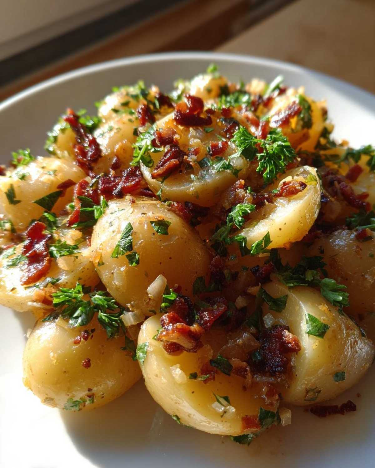 Close-up of warm Authentic German Potato Salad tossed in dressing, topped with crispy bacon bits and fresh parsley.