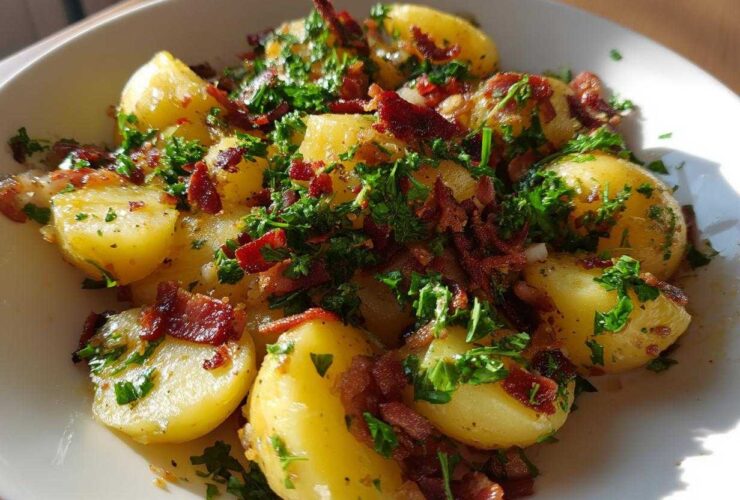 Close-up of Authentic German Potato Salad featuring warm, waxy potatoes tossed with crispy bacon bits and fresh parsley.