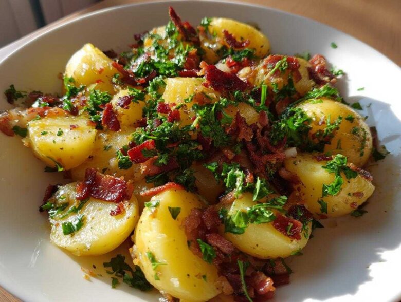 Close-up of Authentic German Potato Salad featuring warm, waxy potatoes tossed with crispy bacon bits and fresh parsley.