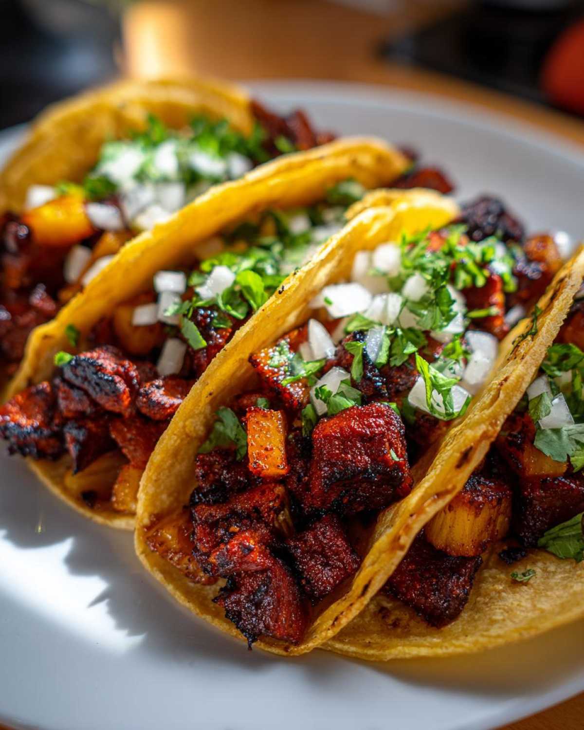 Three delicious Tacos al pastor served on corn tortillas, filled with marinated pork, pineapple, and topped with diced onion and cilantro.
