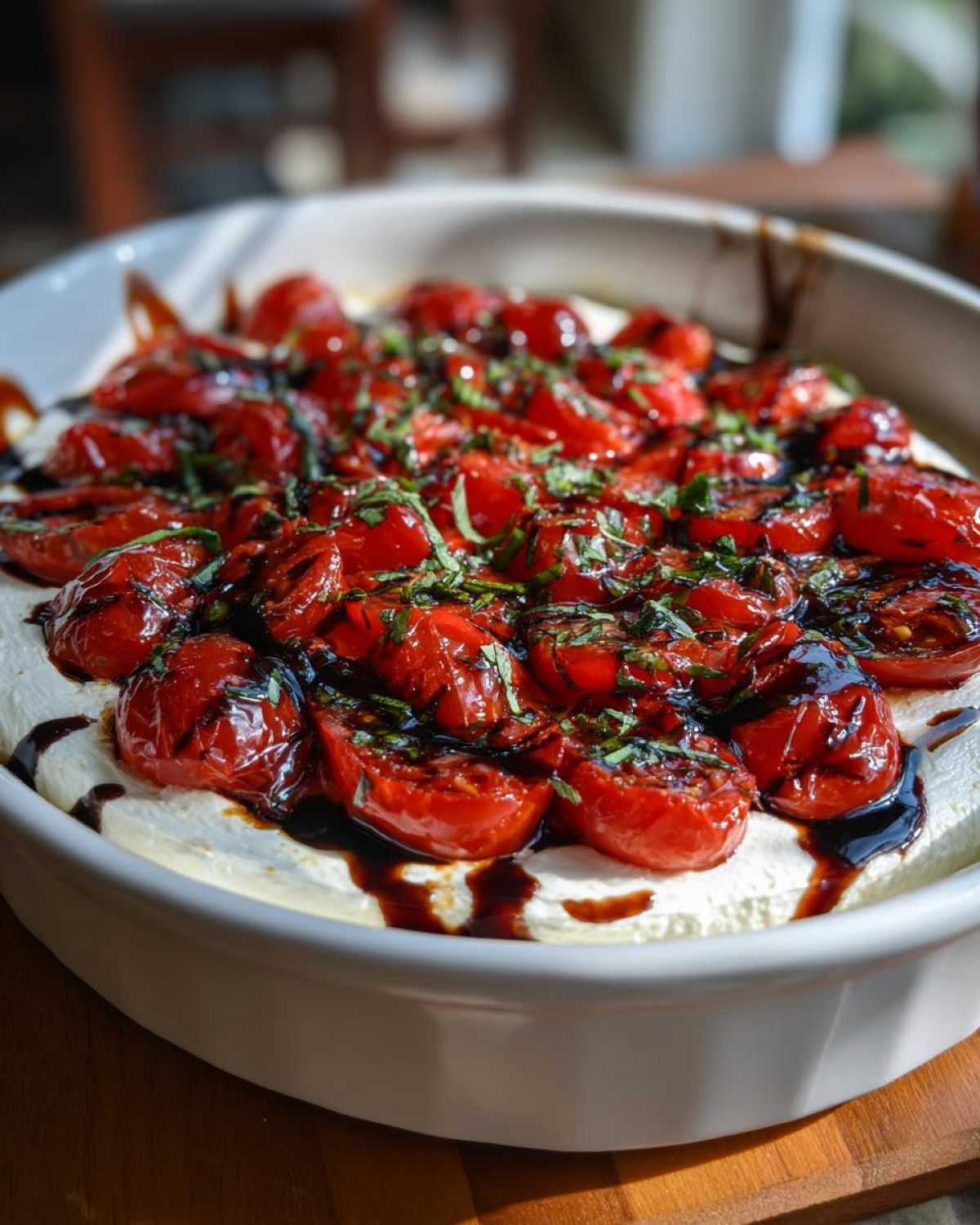Close-up of a baked bruschetta dip featuring roasted cherry tomatoes over a creamy white base, drizzled with balsamic glaze and fresh basil.