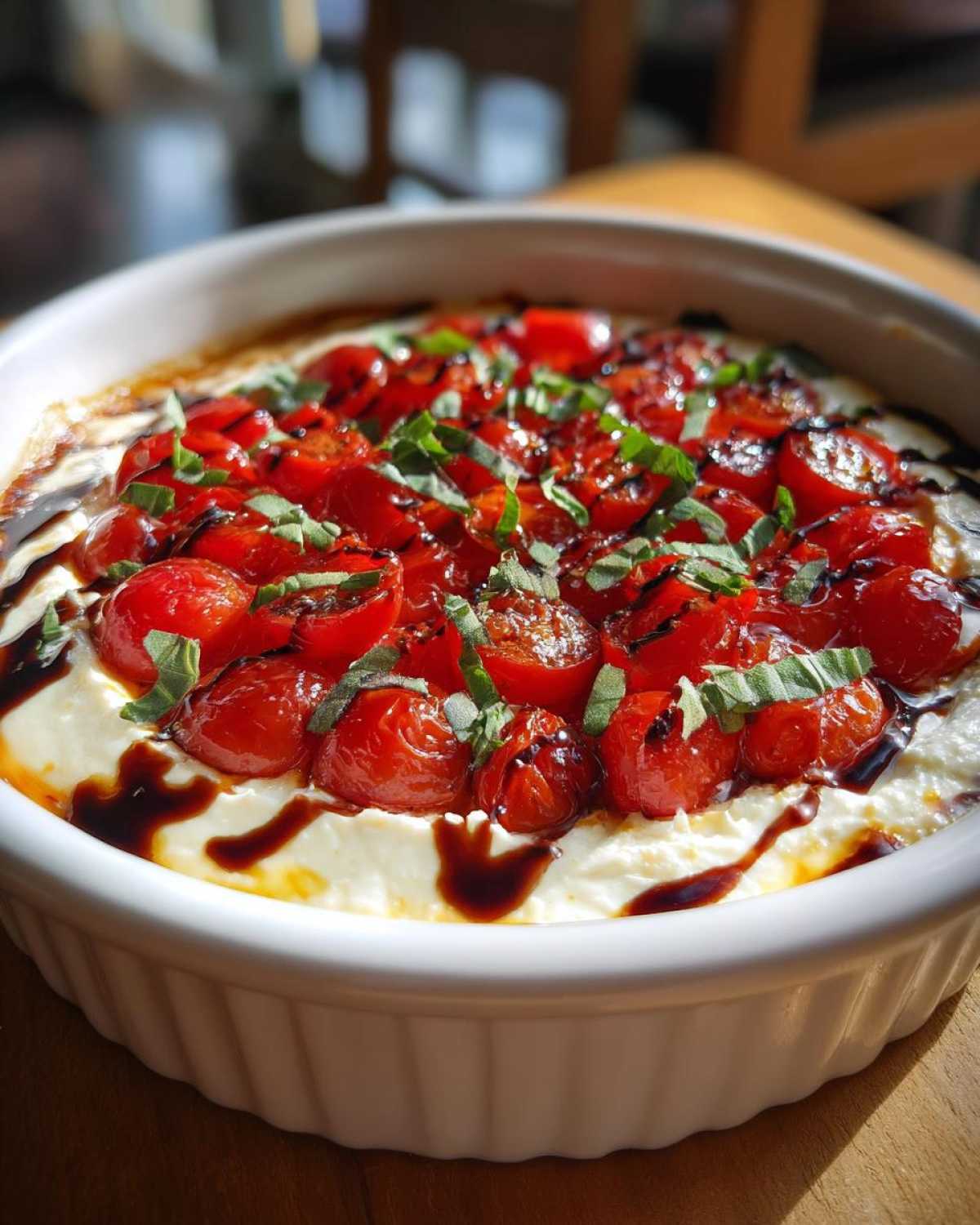 Close-up of a baked bruschetta dip featuring roasted cherry tomatoes, creamy cheese, and a balsamic drizzle.