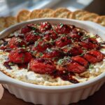 A baked bruschetta dip featuring roasted cherry tomatoes over a creamy cheese base, drizzled with balsamic glaze and herbs, served with crackers.
