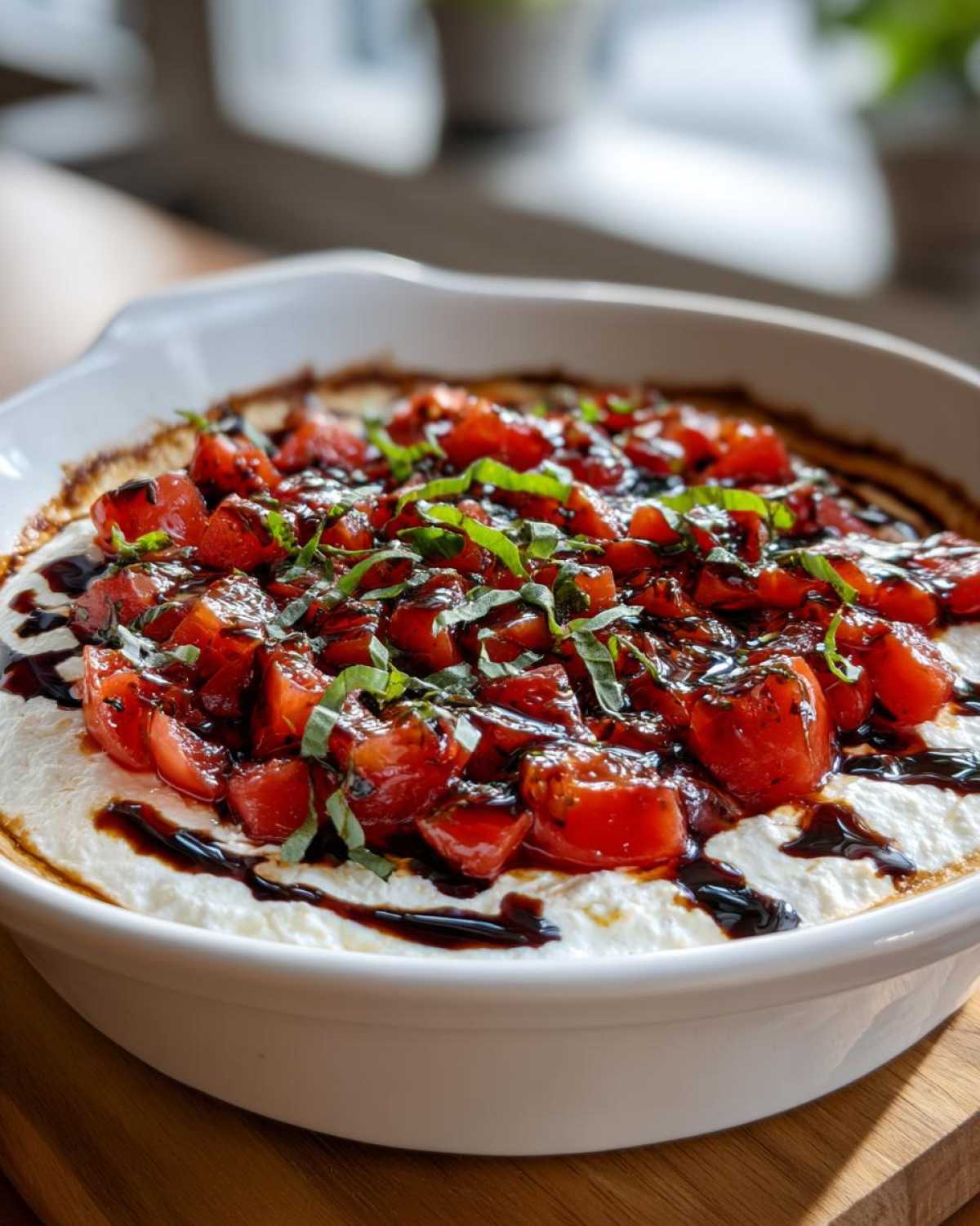 Close-up of a warm bruschetta dip featuring creamy cheese topped with diced tomatoes, basil, and balsamic glaze.