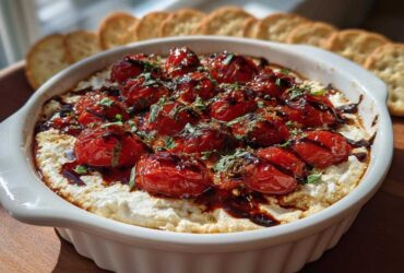 A baked bruschetta dip featuring roasted cherry tomatoes over a creamy cheese base, drizzled with balsamic glaze and herbs, served with crackers.