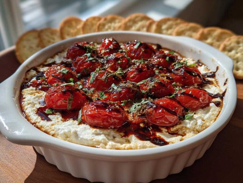 A baked bruschetta dip featuring roasted cherry tomatoes over a creamy cheese base, drizzled with balsamic glaze and herbs, served with crackers.