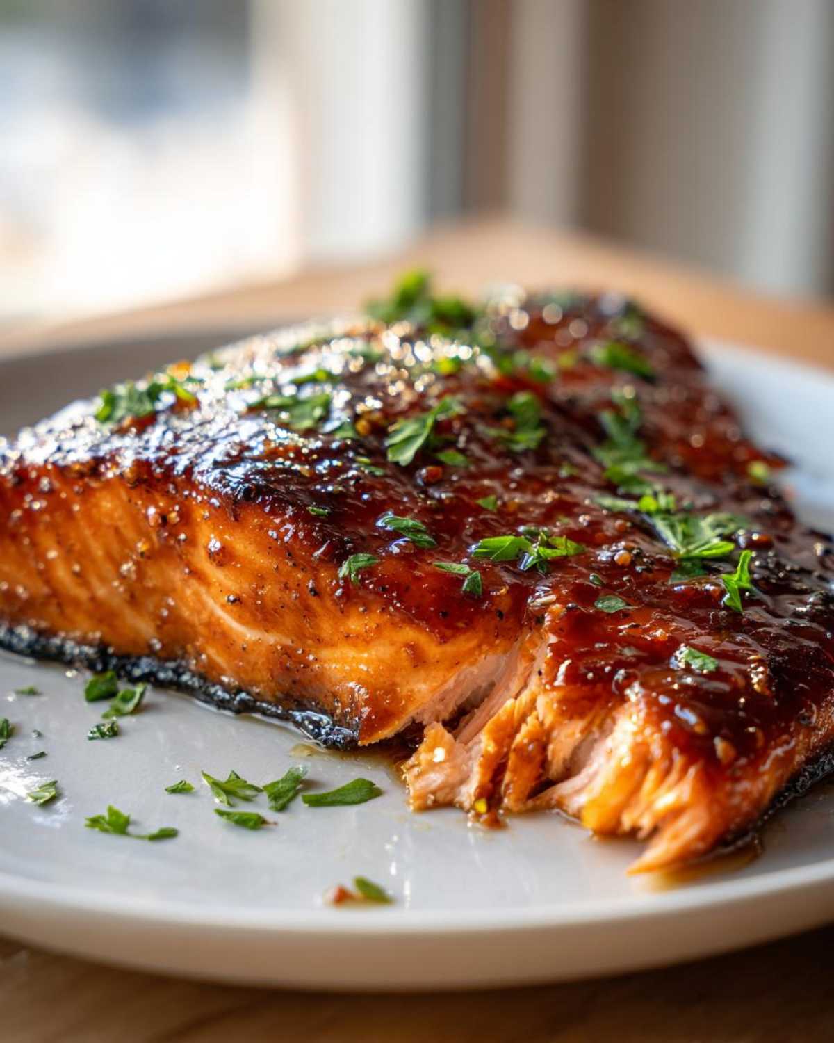 Close-up of a flaky, baked honey garlic salmon fillet with a rich, dark glaze and fresh parsley garnish.