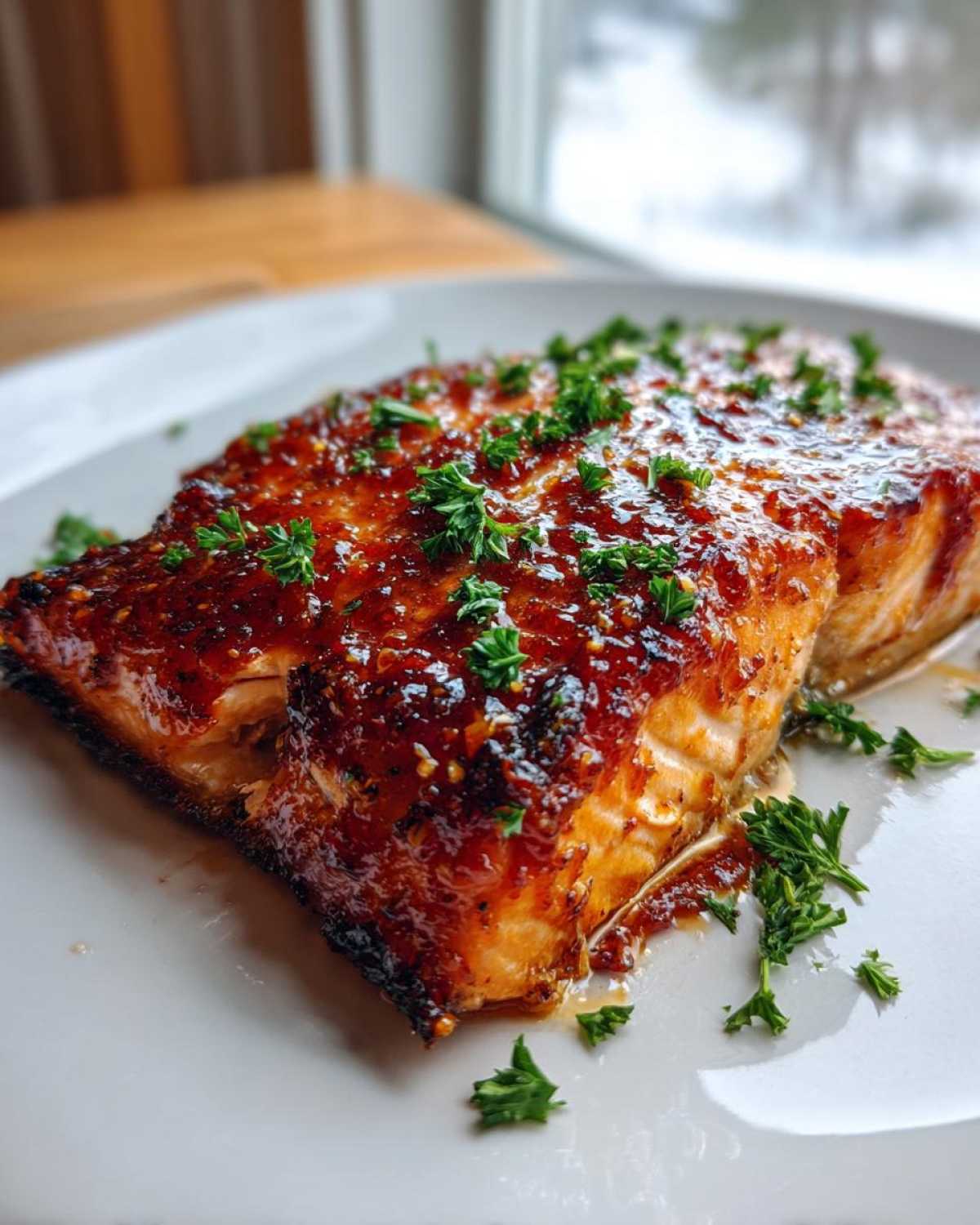 Close-up of a perfectly baked honey garlic salmon fillet with a shiny glaze and fresh parsley garnish.