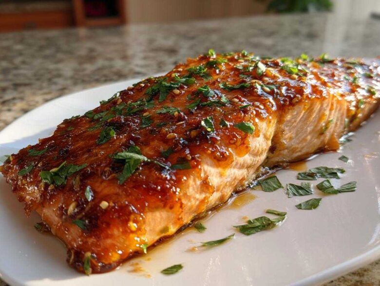 A perfectly cooked fillet of baked honey garlic salmon with a shiny glaze and fresh parsley.