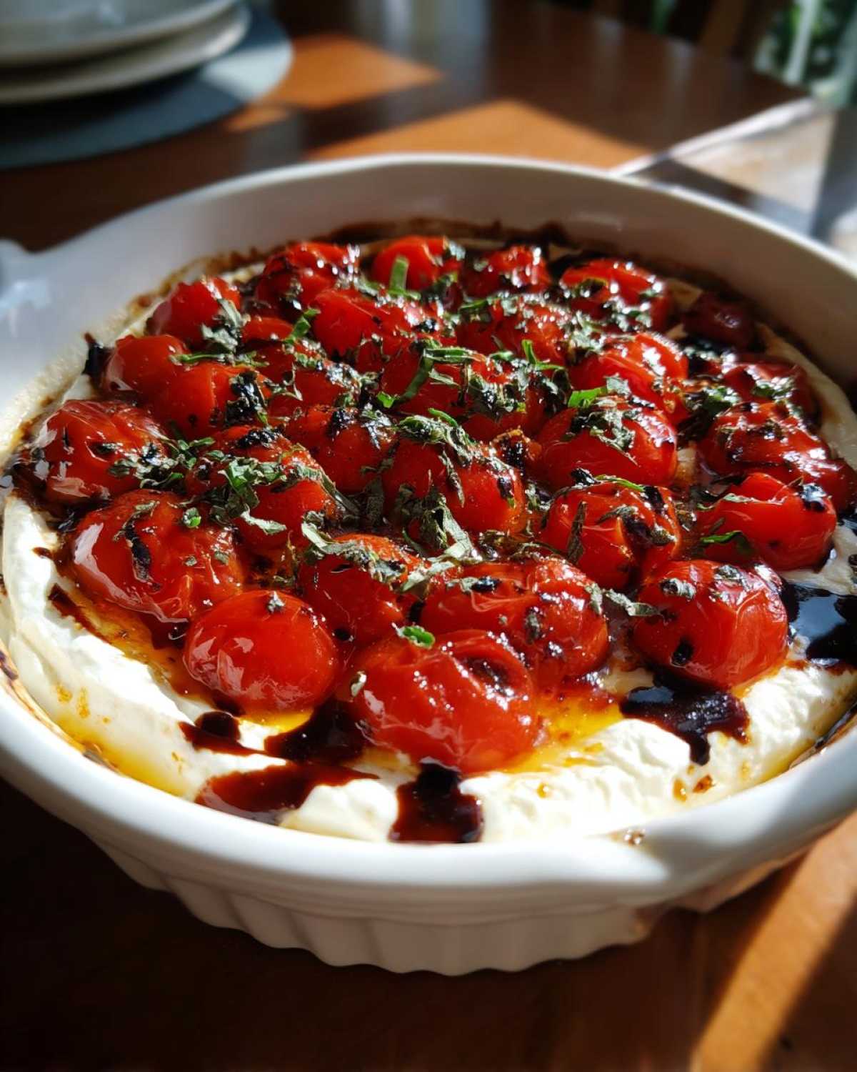 Close-up of a baked bruschetta dip featuring roasted cherry tomatoes over creamy cheese, drizzled with balsamic glaze and topped with basil.