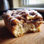 A close-up of a soft, glazed Banana Bread Batter Cinnamon Buns slice showing the gooey cinnamon swirl filling.