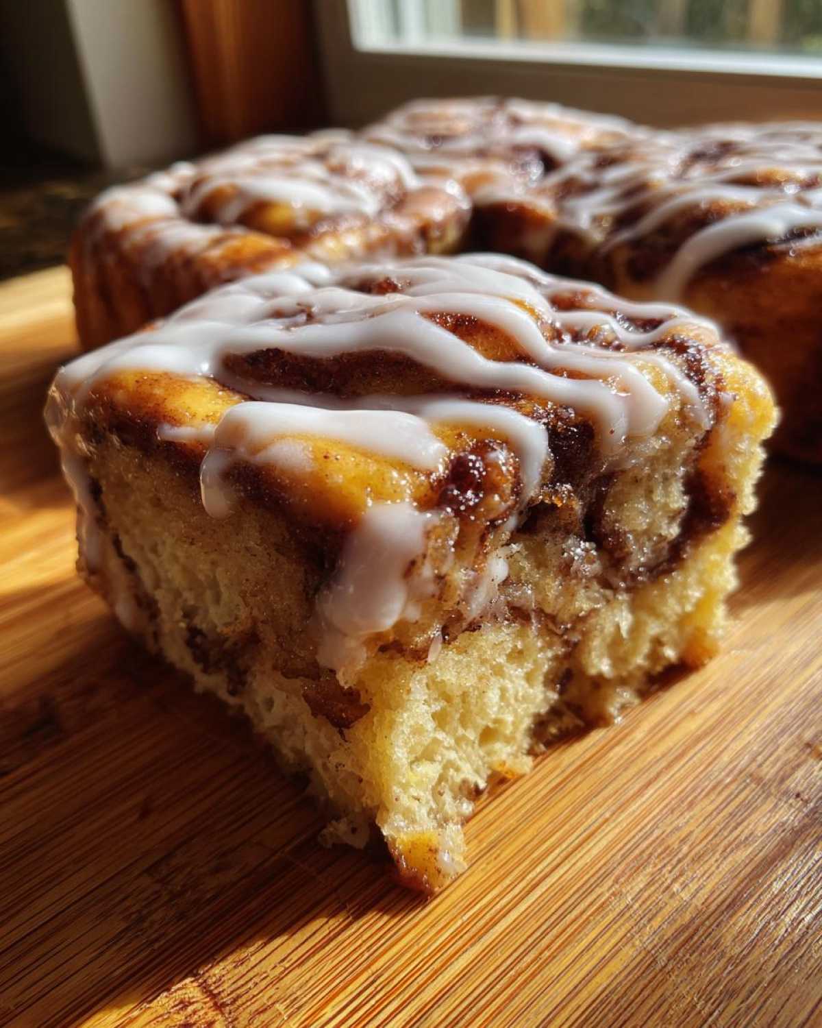 A close-up of a soft, glazed Banana Bread Batter Cinnamon Buns slice sitting on a wooden board.