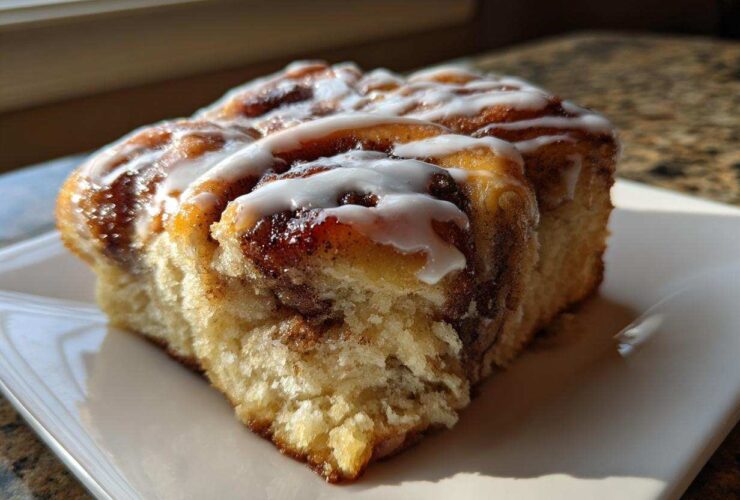 Close-up of a soft, glazed portion of Banana Bread Batter Cinnamon Buns, showing the swirl and icing.