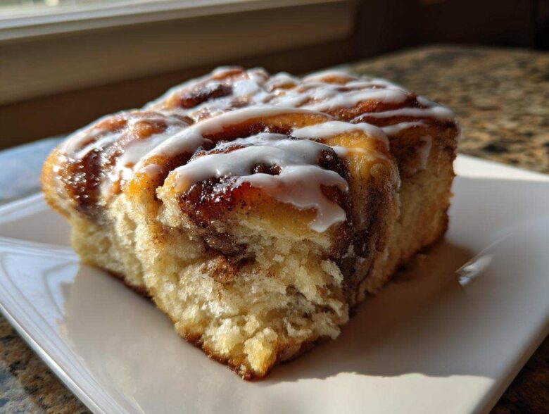 Close-up of a soft, glazed portion of Banana Bread Batter Cinnamon Buns, showing the swirl and icing.