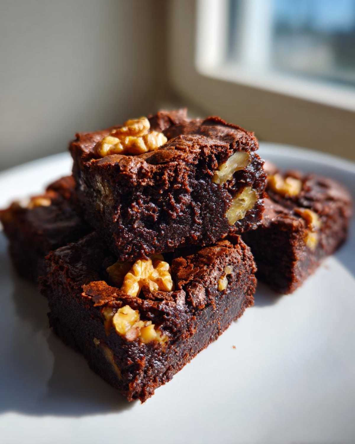 Close-up of fudgy Banana Bread Brownies with Walnuts stacked on a white plate.