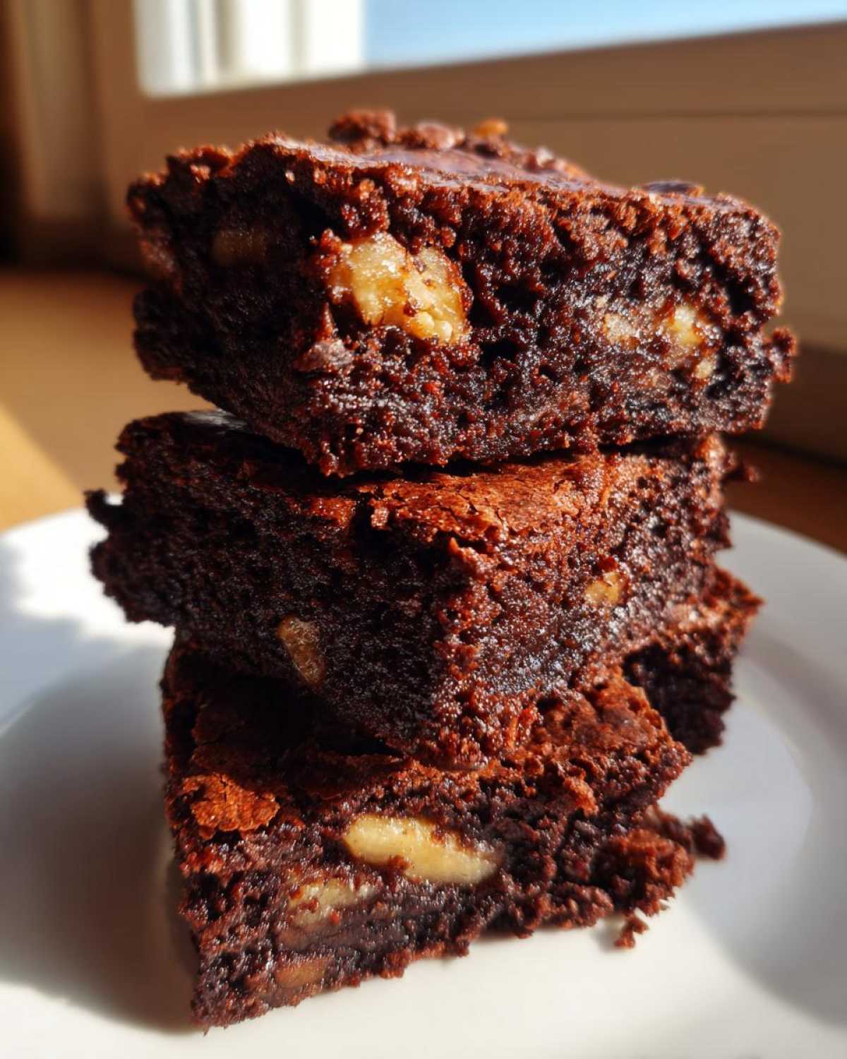 A stack of three rich, fudgy Banana Bread Brownies with Walnuts visible throughout the texture.