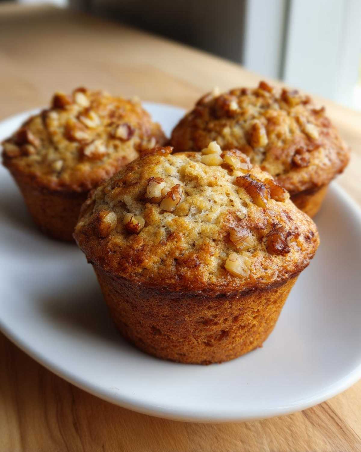 Three golden-brown Banana Walnut Cottage Cheese Muffin Breakfast items topped with chopped walnuts, served on a white plate.