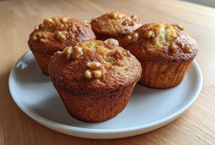 Four freshly baked Banana Walnut Cottage Cheese Muffin Breakfast items displayed on a white plate.